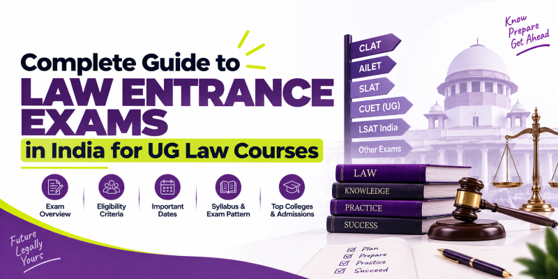 Complete guide to law entrance exams in India for UG law courses, including CLAT, AILET, SLAT, CUET and other exams